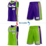 Custom Purple White Neon Green-Pink Side Panel Stripe Geometric Triangle Gradient Dot Reversible Double Side Sublimation Basketball Set Jersey