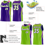 Custom Purple White Neon Green-Pink Side Panel Stripe Geometric Triangle Gradient Dot Reversible Double Side Sublimation Basketball Set Jersey