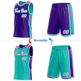 Custom Purple White Aqua-Pink Side Panel Stripe Geometric Triangle Gradient Dot Reversible Double Side Sublimation Basketball Set Jersey