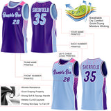 Custom Purple Light Blue White-Pink Side Panel Stripe Geometric Triangle Gradient Dot Reversible Double Side Sublimation Basketball Set Jersey
