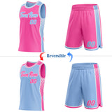 Custom Pink Light Blue-White Side Panel Stripe Geometric Triangle Gradient Dot Reversible Double Side Sublimation Basketball Set Jersey