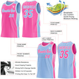 Custom Pink Light Blue-White Side Panel Stripe Geometric Triangle Gradient Dot Reversible Double Side Sublimation Basketball Set Jersey