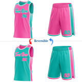 Custom Pink Aqua-White Side Panel Stripe Geometric Triangle Gradient Dot Reversible Double Side Sublimation Basketball Set Jersey