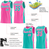 Custom Pink Aqua-White Side Panel Stripe Geometric Triangle Gradient Dot Reversible Double Side Sublimation Basketball Set Jersey