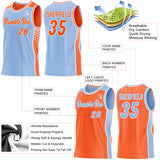 Custom Light Blue Orange-White Side Panel Stripe Geometric Triangle Gradient Dot Reversible Double Side Sublimation Basketball Set Jersey