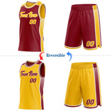 Custom Maroon Gold-White Side Panel Stripe Geometric Triangle Gradient Dot Reversible Double Side Sublimation Basketball Set Jersey