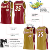 Custom Maroon White Old Gold-Navy Side Panel Stripe Geometric Triangle Gradient Dot Reversible Double Side Sublimation Basketball Set Jersey