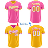 Custom Pink White-Gold Reversible Pullover Baseball Jersey Shirt