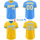 Custom Electric Blue White-Yellow Reversible Pullover Baseball Jersey Shirt