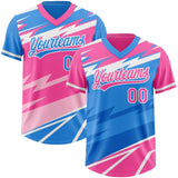 Custom Pink Electric Blue Lightning Geometric Zigzag Reversible Pullover Baseball Jersey Shirt