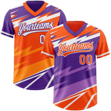 Custom Orange Purple Lightning Geometric Zigzag Reversible Pullover Baseball Jersey Shirt
