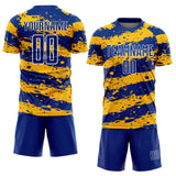 Custom Royal Gold-White Splash Sublimation Soccer Uniform Jersey