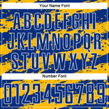 Custom Royal Gold-White Splash Sublimation Soccer Uniform Jersey