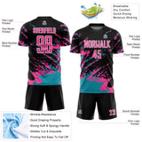 Custom Black Pink-Teal Abstract Fragment Art Splash Sublimation Soccer Uniform Jersey