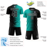 Custom Black Aqua-White Gradient Line Sublimation Soccer Uniform Jersey
