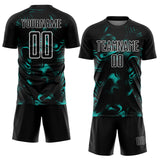 Custom Black Aqua-White Abstract Liquid Sublimation Soccer Uniform Jersey