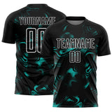 Custom Black Aqua-White Abstract Liquid Sublimation Soccer Uniform Jersey