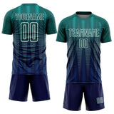 Custom Neon Green Navy-White Gradient Line Sublimation Soccer Uniform Jersey