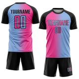 Custom Light Blue Pink-Black Sublimation Gradient Fashion Soccer Uniform Jersey