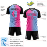 Custom Light Blue Pink-Black Sublimation Gradient Fashion Soccer Uniform Jersey