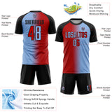 Custom Light Blue Red-Black Sublimation Gradient Fashion Soccer Uniform Jersey