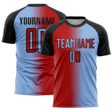 Custom Light Blue Red-Black Sublimation Gradient Fashion Soccer Uniform Jersey