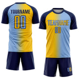 Custom Light Blue Yellow-Navy Sublimation Gradient Fashion Soccer Uniform Jersey