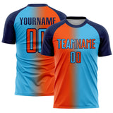 Custom Sky Blue Orange-Navy Sublimation Gradient Fashion Soccer Uniform Jersey