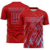 Custom Red Light Blue Splash Sublimation Soccer Uniform Jersey