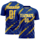 Custom Royal Yellow-White Abstract Fragment Art Splash Sublimation Soccer Uniform Jersey