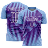 Custom Light Blue Purple-White Line Sublimation Soccer Uniform Jersey