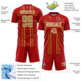 Custom Red Old Gold-White Lines Sublimation Soccer Uniform Jersey