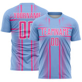 Custom Light Blue Pink-White Lines Sublimation Soccer Uniform Jersey