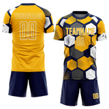Custom Navy Gold-White Geometric Shape Sublimation Soccer Uniform Jersey