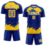 Custom Royal Yellow-White Abstract Fragment Art Sublimation Soccer Uniform Jersey