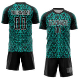 Custom Black Aqua-White Geometric Arrow Sublimation Soccer Uniform Jersey