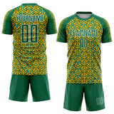 Custom Kelly Green Gold-White Geometric Arrow Sublimation Soccer Uniform Jersey
