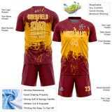 Custom Crimson Gold-White Abstract Splatter Grunge Art Sports Sublimation Soccer Uniform Jersey