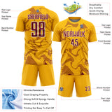 Custom Gold Crimson-White Curve Lines Sports Sublimation Soccer Uniform Jersey