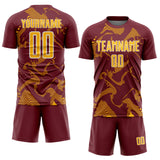 Custom Burgundy Gold-White Curve Lines Sports Sublimation Soccer Uniform Jersey