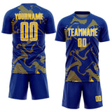 Custom Royal Yellow-White Curve Lines Sports Sublimation Soccer Uniform Jersey