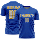 Custom Thunder Blue Old Gold-White Geometric Shape Sports Sublimation Soccer Uniform Jersey