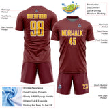 Custom Burgundy Gold-White Geometric Shape Sports Sublimation Soccer Uniform Jersey