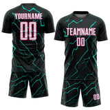 Custom Black White Aqua-Pink Lightning Sports Sublimation Soccer Uniform Jersey