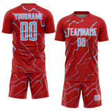 Custom Red Light Blue-White Lightning Sports Sublimation Soccer Uniform Jersey