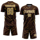 Custom Brown Old Gold-White Lightning Sports Sublimation Soccer Uniform Jersey