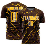 Custom Brown Gold-White Lightning Sports Sublimation Soccer Uniform Jersey