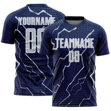 Custom Navy Silver-White Lightning Sports Sublimation Soccer Uniform Jersey