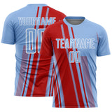 Custom Light Blue Red-White Lines Sports Sublimation Soccer Uniform Jersey