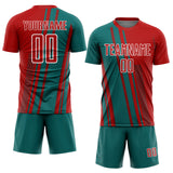 Custom Red Teal-White Lines Sports Sublimation Soccer Uniform Jersey